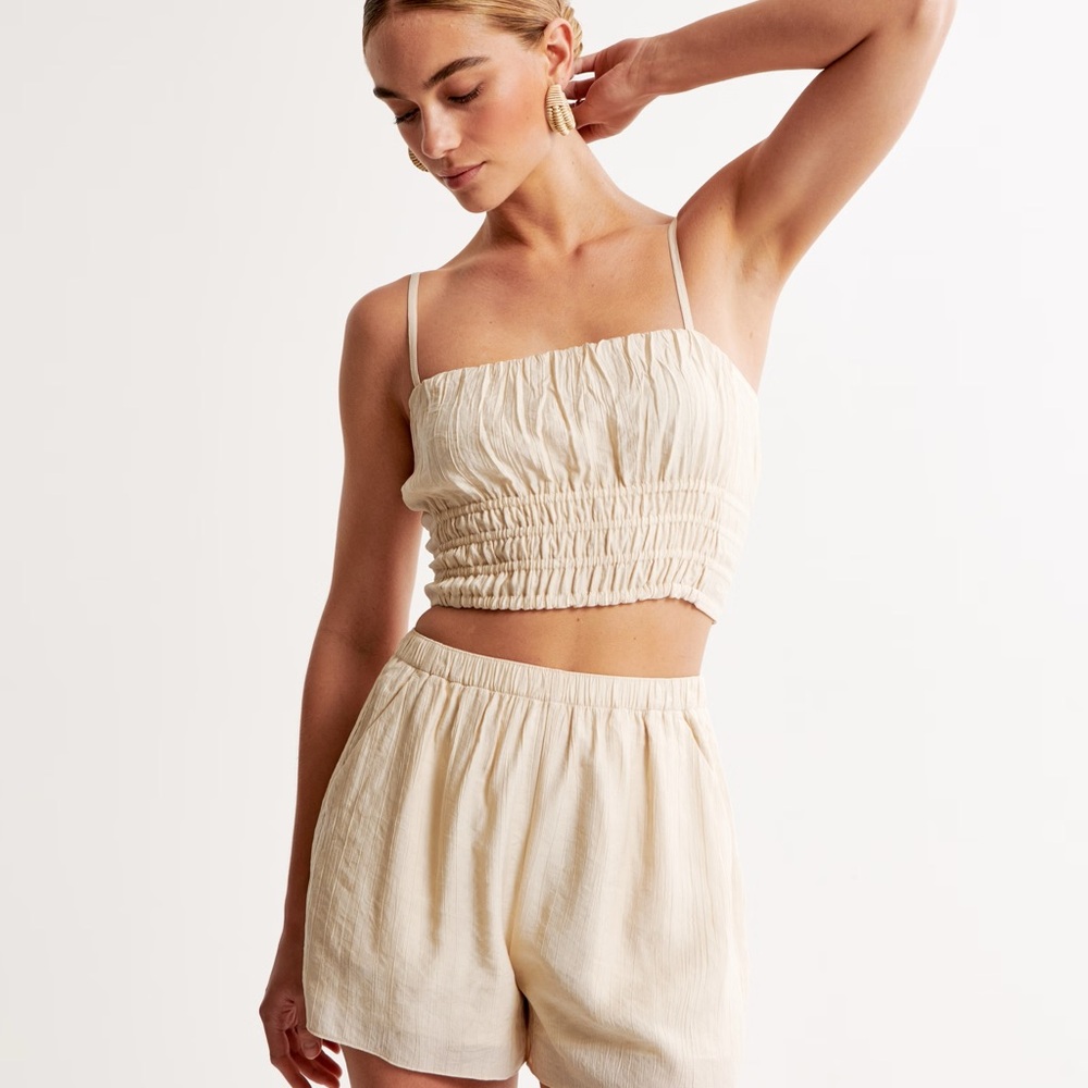 Abercrombie & Fitch Cream Smocked Camisole Crop Top